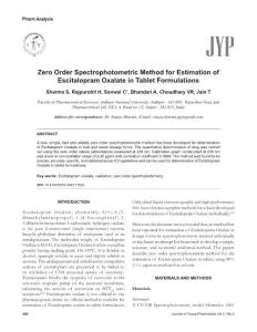 Zero Order Spectrophotometric Method for Estimation of Escitalopram Oxalate in Tablet Formulations