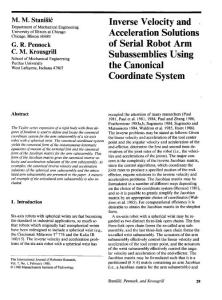 Inverse Velocity and Acceleration Solutions of Serial Robot Arm Subassemblies Using the Canonical Coordinate System