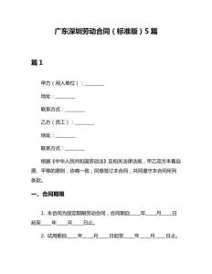 廣東深圳勞動合同（標準版）5篇